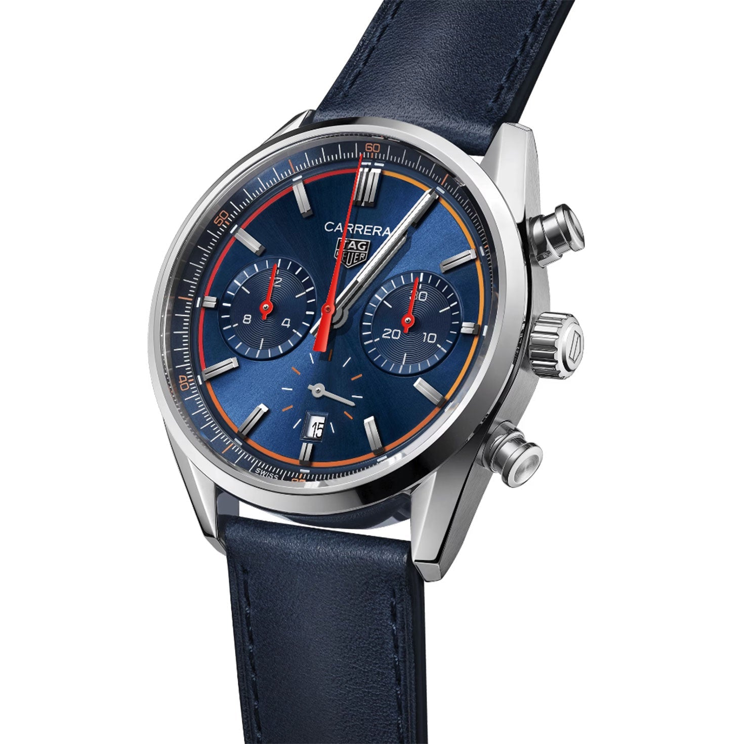 The TAG Heuer Carrera Chronograph Automatic 42mm Watch by TAG Heuer features a striking blue dial with two subdials, an advanced Calibre HEUER02 automatic movement, a luxurious leather strap, and a polished stainless steel case—presented at an angle against a white background.