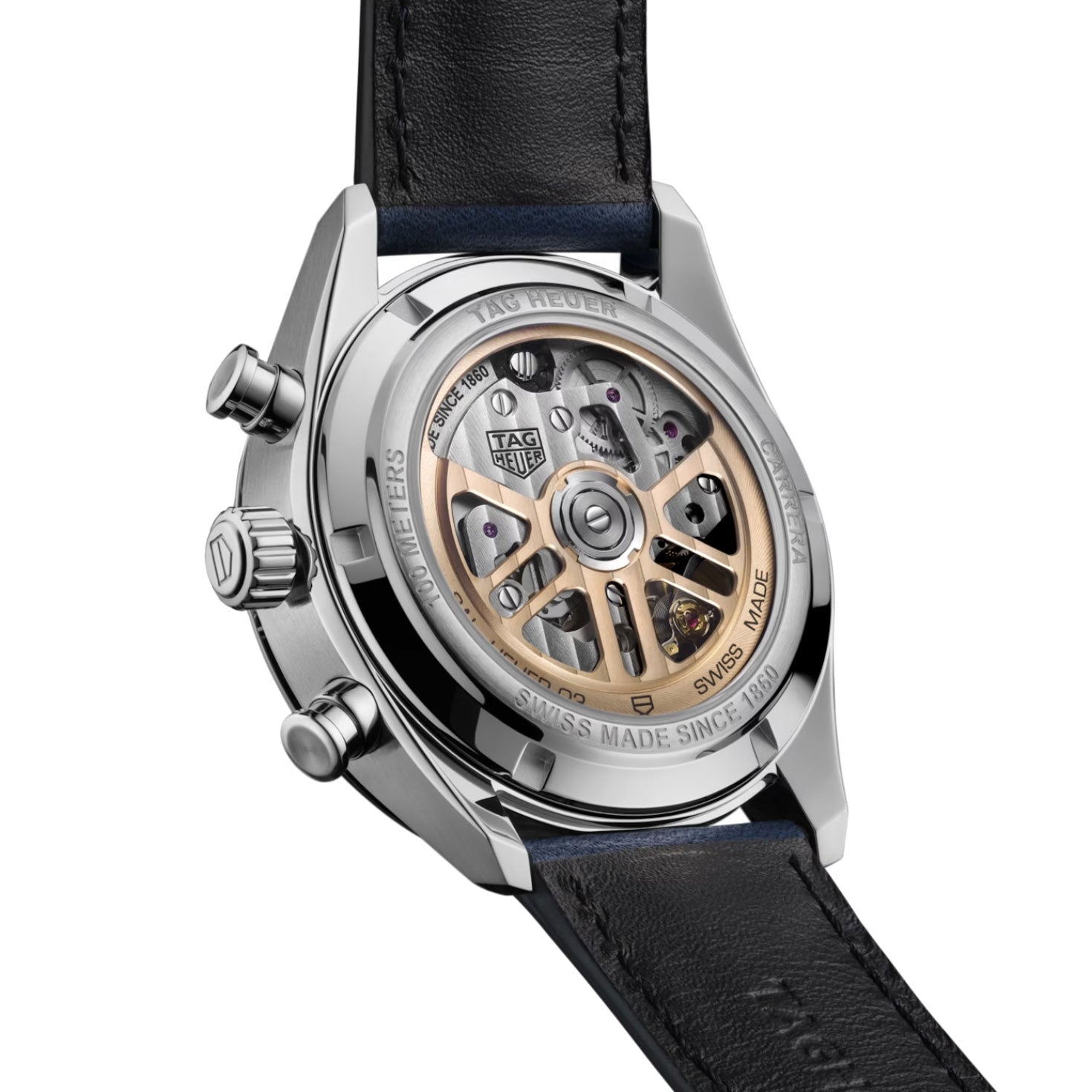 Close-up of the back of the TAG Heuer Carrera Chronograph Automatic 42mm Watch by TAG Heuer, showcasing its exposed Calibre HEUER02 automatic chronograph movement with intricate gears and Swiss-made engraving. The black leather strap is partially visible.