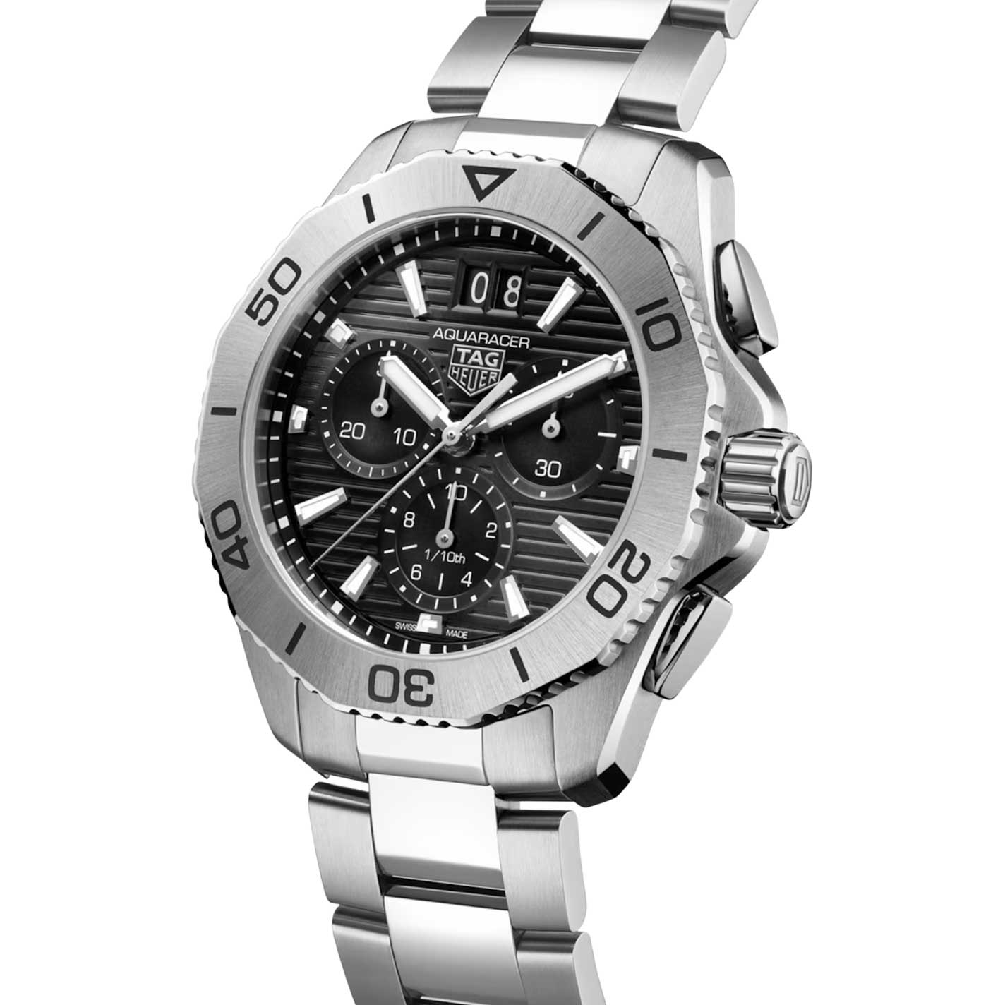 The TAG Heuer Aquaracer Professional 200 Chronograph Quartz 40mm Watch features a sleek silver finish, a bold black dial with silver markers, three subdials, and a durable steel case. Displayed at a slight angle on a white background, this TAG Heuer timepiece perfectly blends signature style with impressive water resistance.