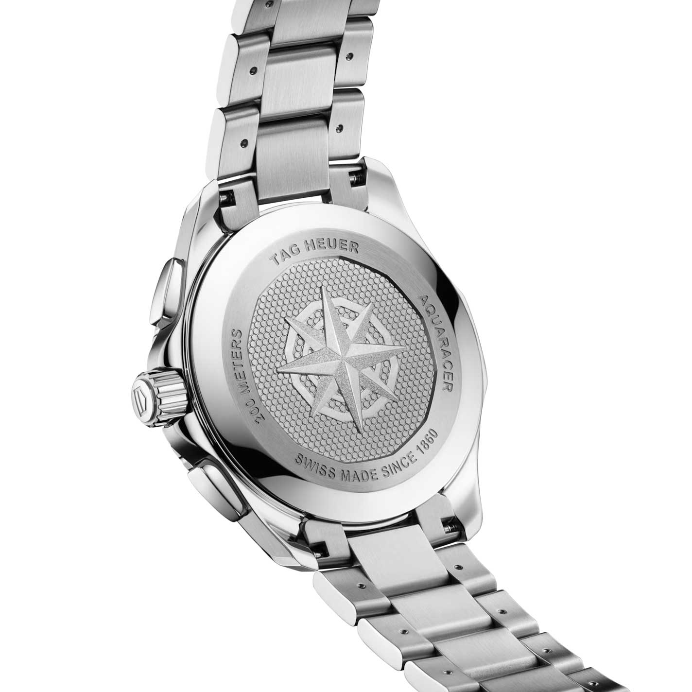 The back of the TAG Heuer Aquaracer Professional 200 Chronograph Quartz 40mm Watch, crafted in robust steel and adorned with a compass engraving and the inscription “TAG Heuer Aquaracer Swiss Made Since 1860,” reflects TAG Heuer’s signature precision craftsmanship and outstanding water resistance.