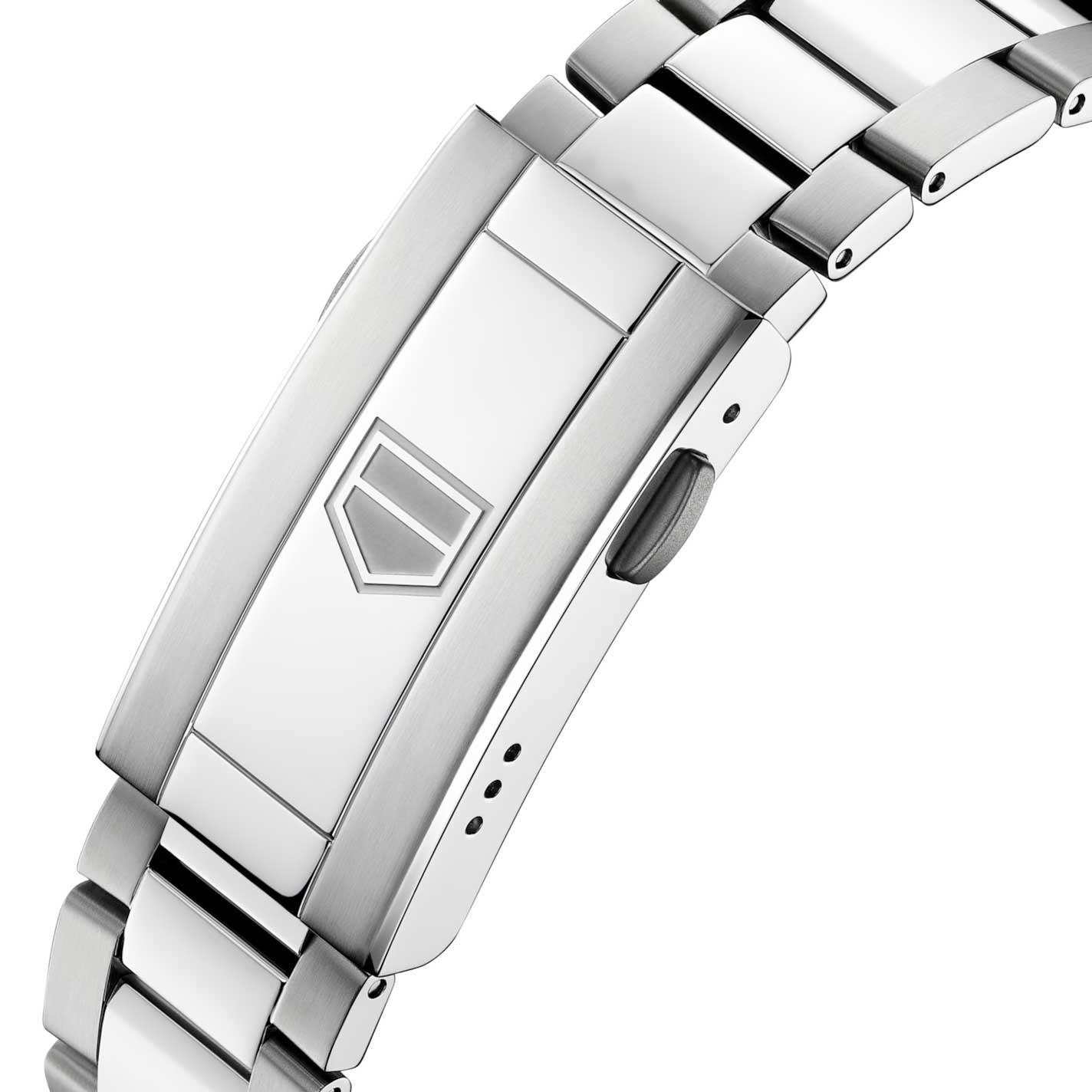 Close-up of a stainless steel bracelet clasp, showcasing a polished metal finish and the geometric TAG Heuer logo engraved on the clasp cover—signature design elements that highlight the TAG Heuer Aquaracer Professional 200 Chronograph Quartz 40mm Watch’s robust construction and renowned water resistance.