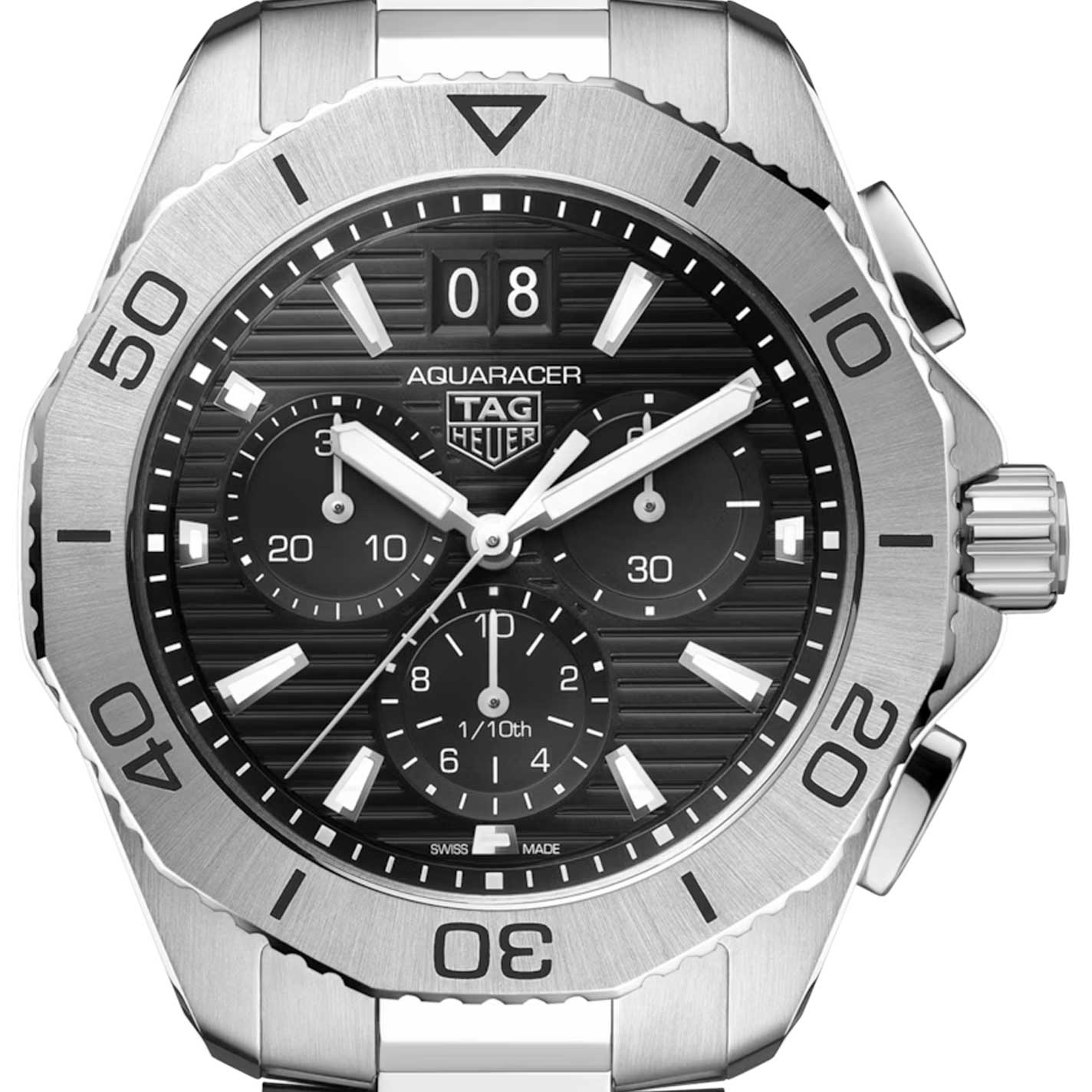 The TAG Heuer Aquaracer Professional 200 Chronograph Quartz 40mm Watch features a striking silver design by TAG Heuer, showcasing a black textured dial with three subdials, bold white markers, a date window at 12 o’clock, and a unidirectional bezel. Its exceptionally durable steel case and impressive water resistance make it ideal for confident everyday wear.