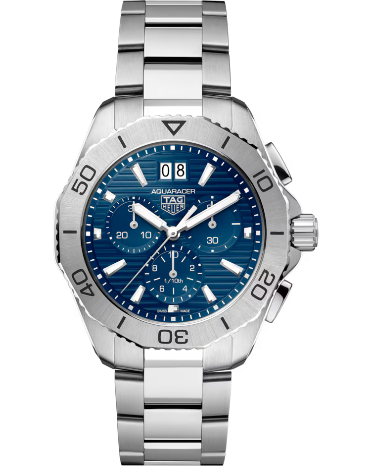 The TAG Heuer Aquaracer Professional 200 Chronograph Quartz 40mm Watch features a stainless steel case, a blue dial with silver hour markers, three subdials, and a date window at 12 o’clock, presented on a matching stainless steel bracelet.