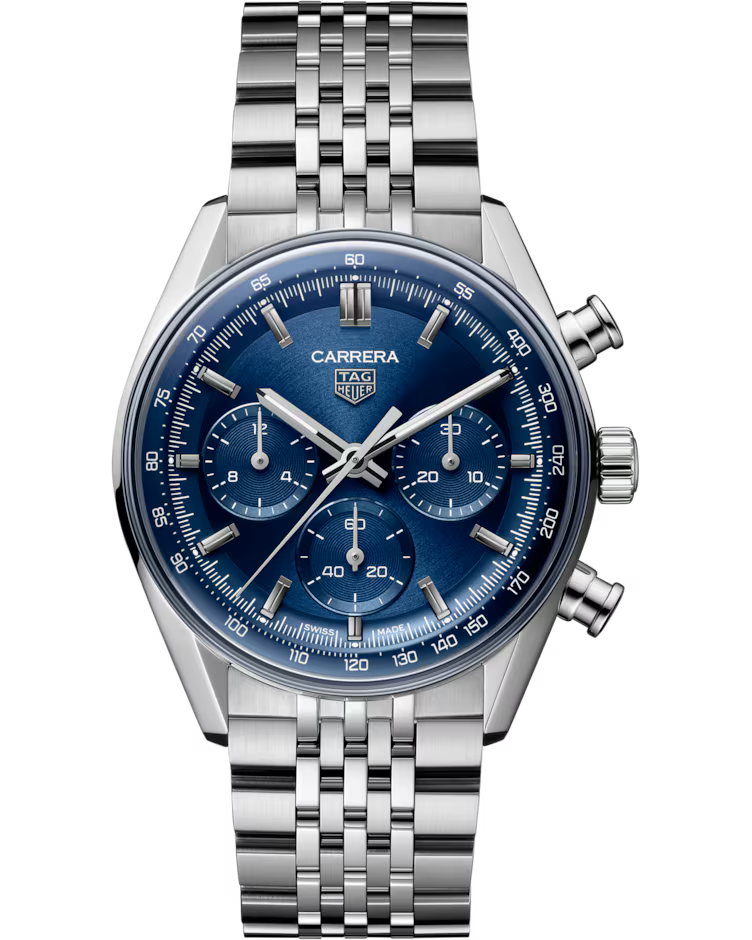 The TAG Heuer Carrera Chronograph Automatic 41mm Watch features a stainless steel case, a blue dial with three subdials, silver hour markers, and a metal link bracelet. The right side of the watch includes two pushers and a crown.