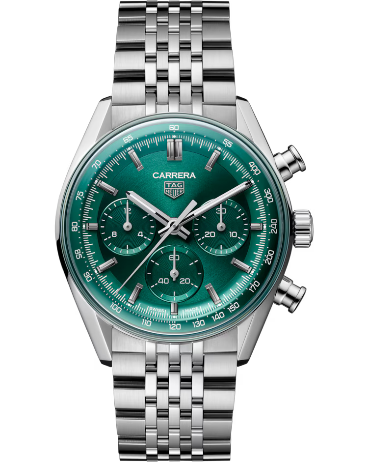 A TAG Heuer Carrera Chronograph Automatic 41mm Watch by TAG Heuer, featuring a silver metal link bracelet, green dial with three subdials, and silver hour markers, displayed on a white background.