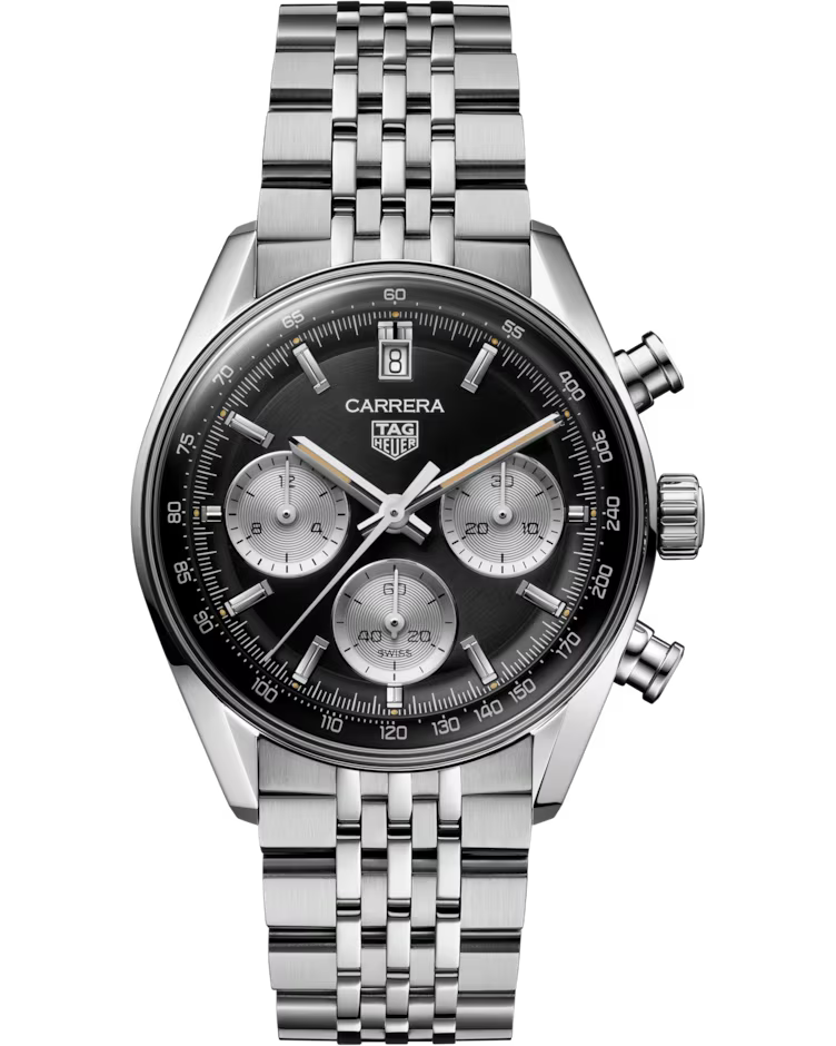 A TAG Heuer Carrera Chronograph Automatic 39mm Watch by TAG Heuer featuring a silver case, black dial with three subdials, date display at 12 o’clock, and a metal bracelet. The right side of the case has two pushers and a crown.