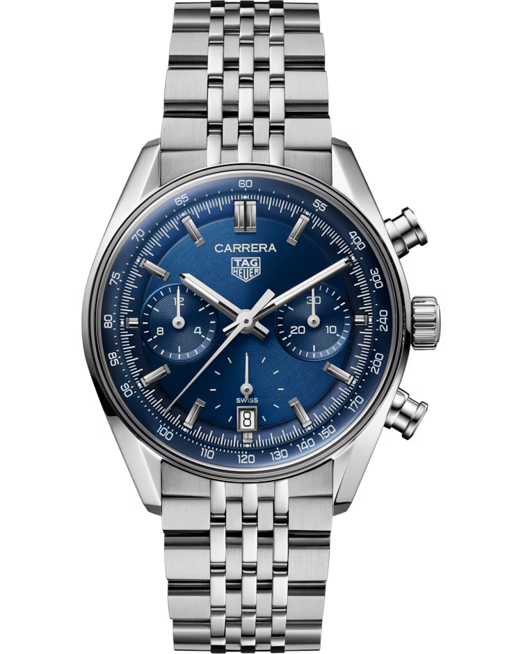Introducing the TAG Heuer Carrera Chronograph Automatic 39mm Watch by TAG Heuer, featuring a striking blue dial with silver hour markers, three subdials, a date display at 6 o’clock, and a sophisticated silver metal link bracelet.