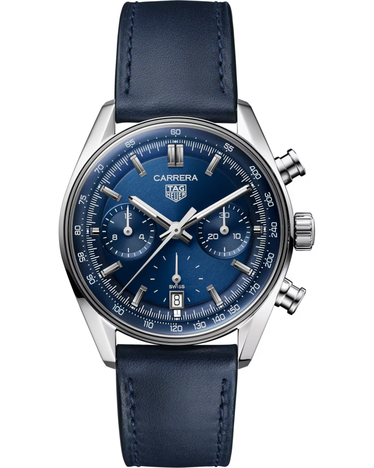 The TAG Heuer Carrera Chronograph Automatic 39mm Watch by TAG Heuer features a blue dial with silver markers, three subdials, a date window positioned at 6 o’clock, and is paired with a blue leather strap.