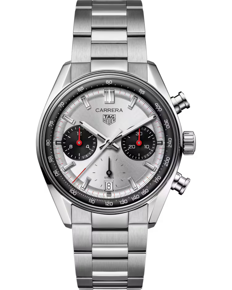 The TAG Heuer Carrera Chronograph Automatic 39mm Watch by TAG Heuer features a silver stainless steel bracelet, two black subdials, red accents, and a date window at 6 o’clock, all set against a white background.