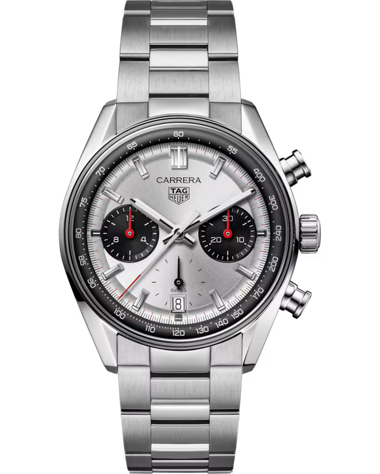 The TAG Heuer Carrera Chronograph Automatic 39mm Watch by TAG Heuer features a silver stainless steel bracelet, two black subdials, red accents, and a date window at 6 o’clock, all set against a white background.
