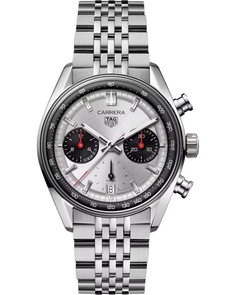 A TAG Heuer Carrera Chronograph Automatic 39mm Watch by TAG Heuer, featuring a silver case with a metal bracelet, two black subdials accented in red, a date display at 6 o’clock, and two pushers positioned on the right side of the case.