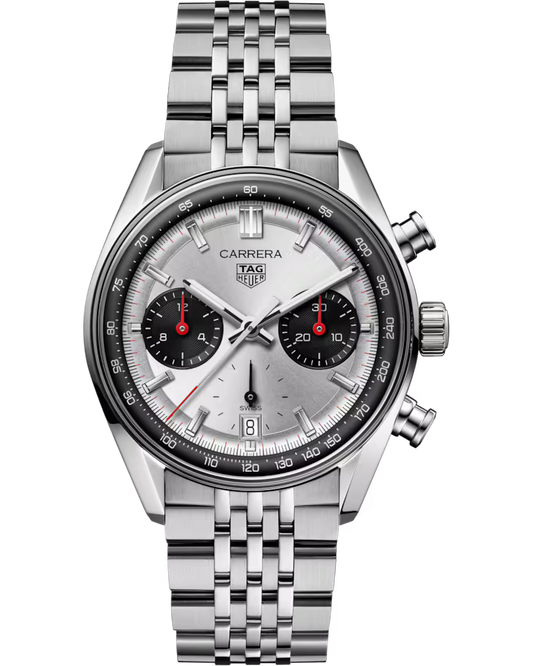 A TAG Heuer Carrera Chronograph Automatic 39mm Watch by TAG Heuer, featuring a silver case with a metal bracelet, two black subdials accented in red, a date display at 6 o’clock, and two pushers positioned on the right side of the case.