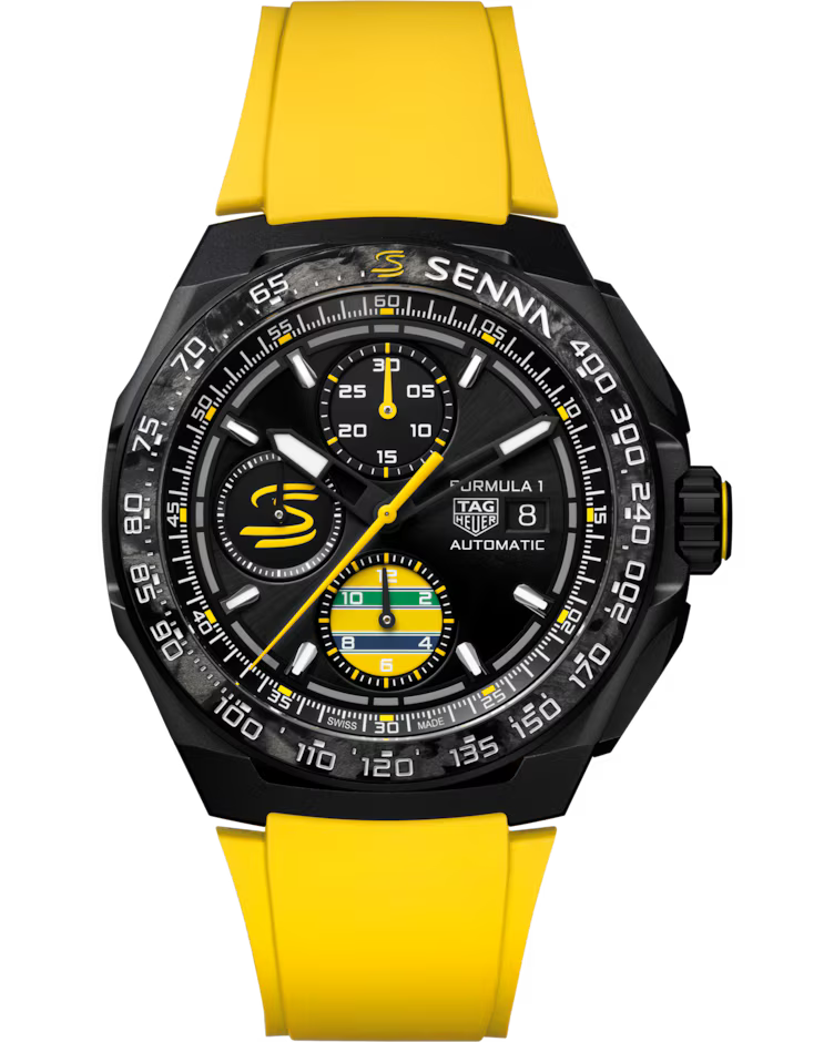 A TAG Heuer Formula 1 Chronograph X Senna Automatic 44mm Watch featuring a yellow strap, black case, and black dial with yellow accents, three subdials, date display, and “SENNA” branding at the top.