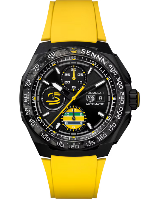 A TAG Heuer Formula 1 Chronograph X Senna Automatic 44mm Watch featuring a yellow strap, black case, and black dial with yellow accents, three subdials, date display, and “SENNA” branding at the top.