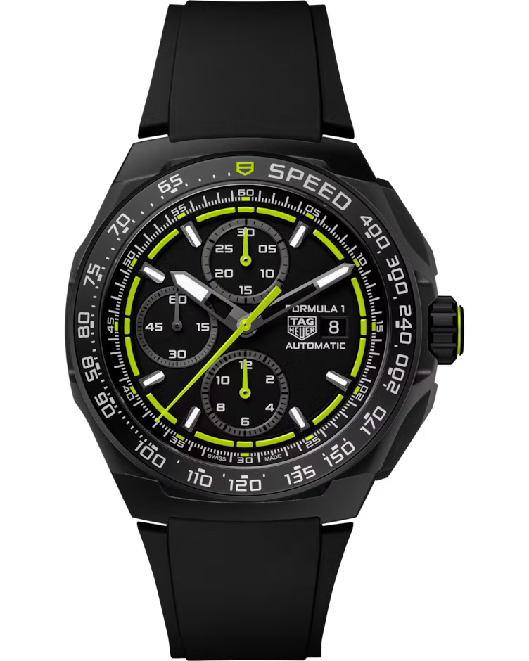 The TAG Heuer Formula 1 Chronograph Automatic 44mm Watch by TAG Heuer features a black analog sports design with neon green accents, three subdials, a date display, and a black rubber strap. The bezel is marked with a tachymeter scale, while the bold hour markers and hands enhance the striking watch face.