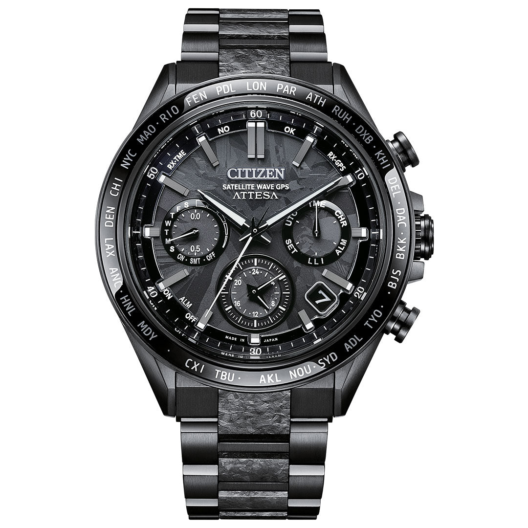 The CITIZEN Attesa Hakuto-R Limited Edition 44.6mm watch features Super Titanium, a metallic band, atomic timekeeping, Eco-Drive tech, three subdials, a date window, and world city codes around the bezel for modern style.