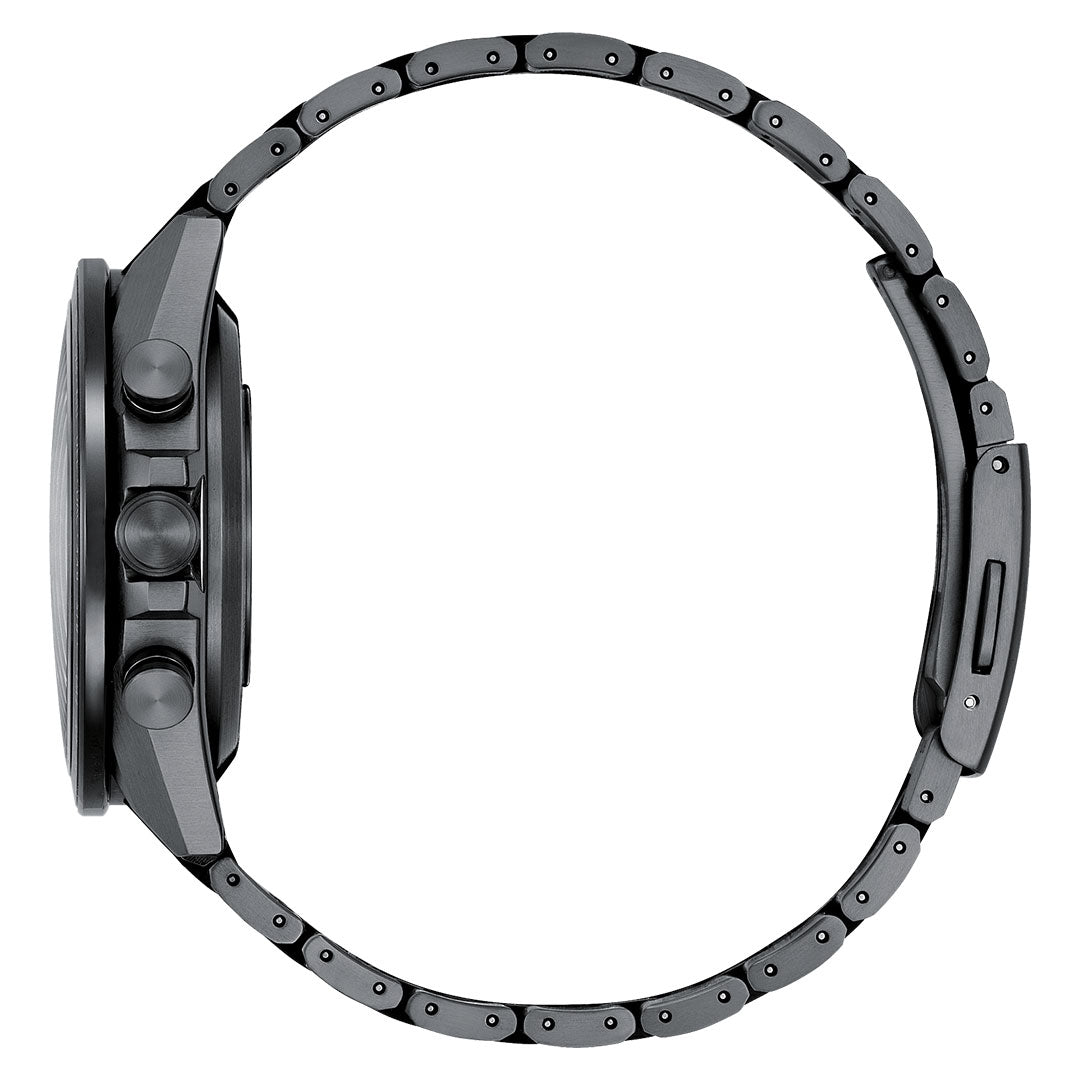 Side view of the CITIZEN Attesa Hakuto-R Atomic Time Keeping Super Titanium Limited Edition Eco-Drive 44.6mm Watch, featuring three buttons on the left of its black Super Titanium case and an open-loop linked band.