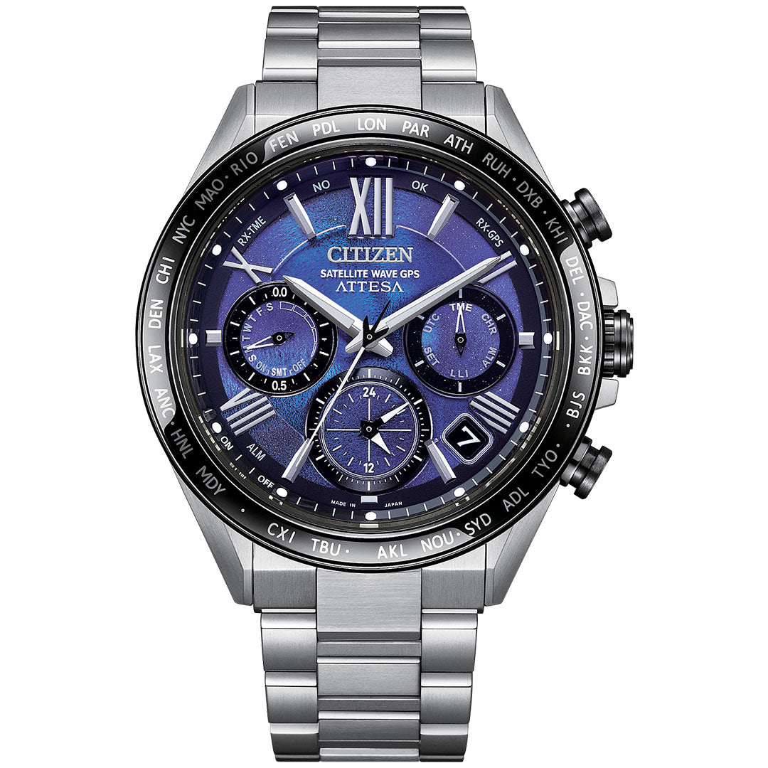 The CITIZEN Attesa Satellite Time Keeping Super Titanium Limited Edition Eco-Drive 44.6mm has a blue recycled polycarbonate dial, three subdials, date window, city-abbreviation bezel, multiple side buttons, and a Super Titanium band.