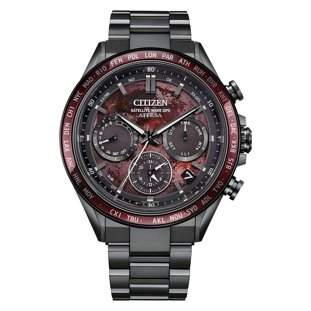The CITIZEN Attesa Satellite Time Keeping Super Titanium Limited Edition Eco-Drive 44.6mm Watch features a black Super Titanium metal band and a bold red and black dial with multiple subdials, complemented by a bezel marked with city codes. Powered by Eco-Drive Satellite Wave GPS technology, this watch showcases intricate detailing and contemporary style.