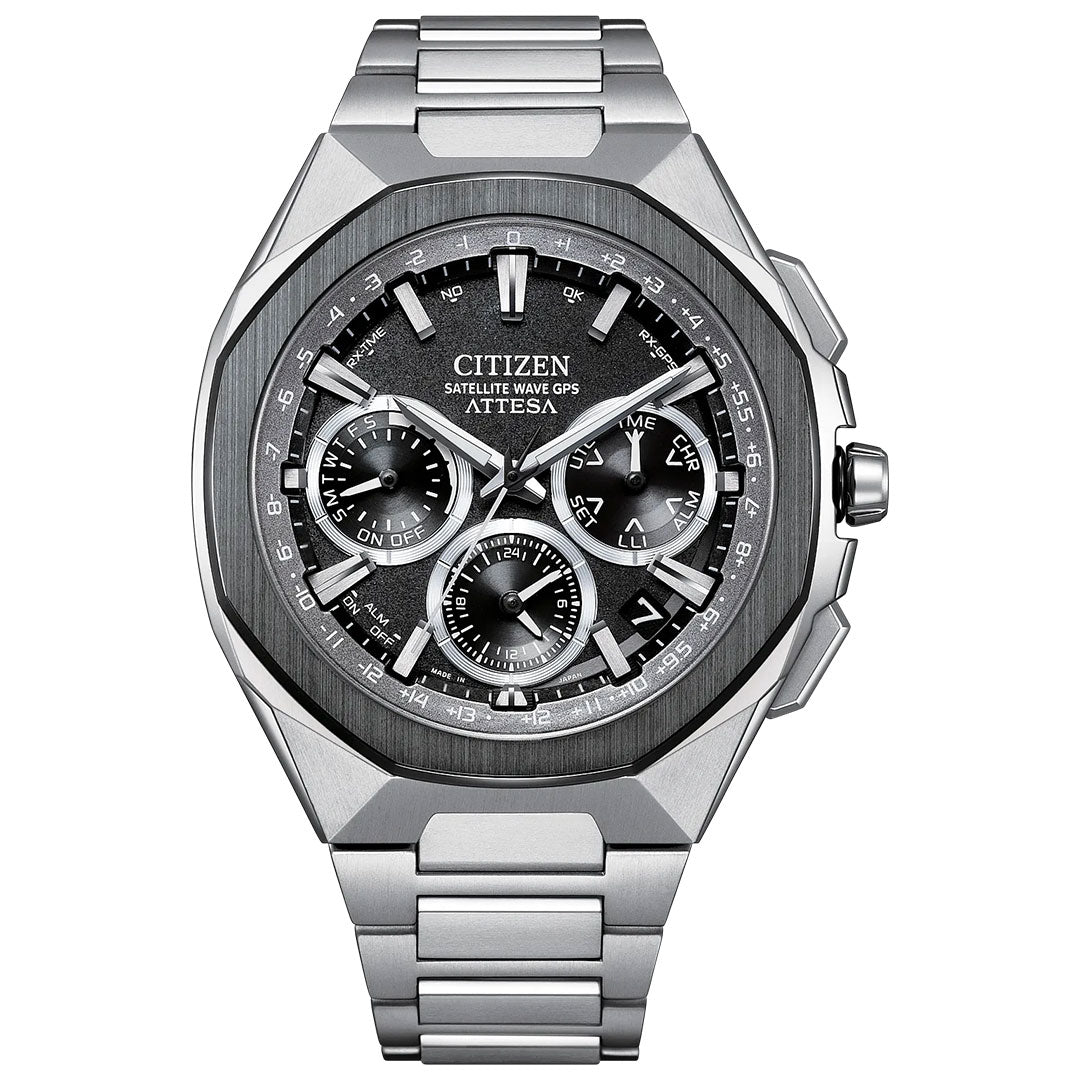 The CITIZEN Attesa Satellite Time Keeping Super Titanium Limited Edition Eco-Drive 43.2mm Watch features a silver Super Titanium band, black and gray multifunction dial with three subdials, date display, and bold white hour markers.