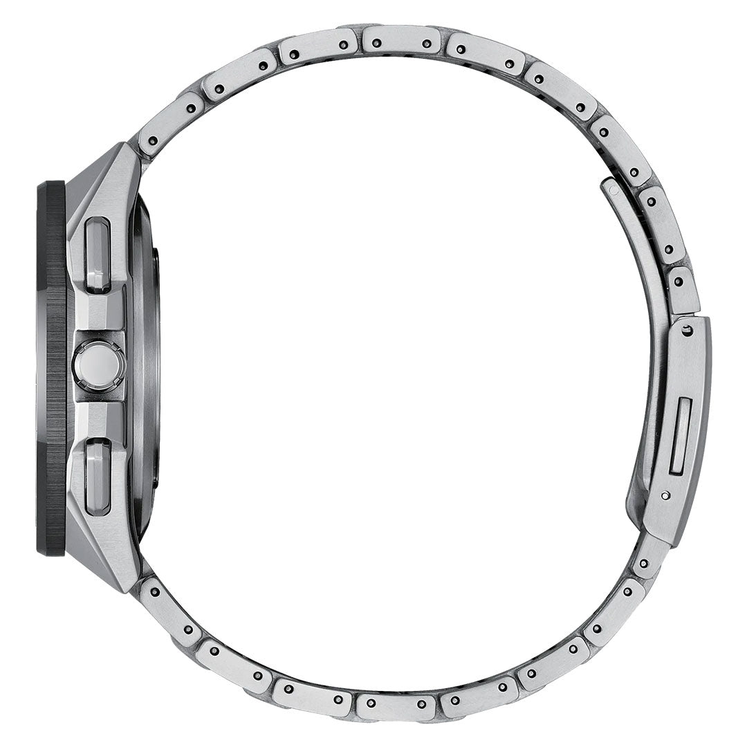 Side view of the CITIZEN Attesa Limited Edition 43.2mm watch in Super Titanium, highlighting the round case thickness and linked bracelet—an Eco-Drive Satellite Time Keeping luxury chronograph by CITIZEN.