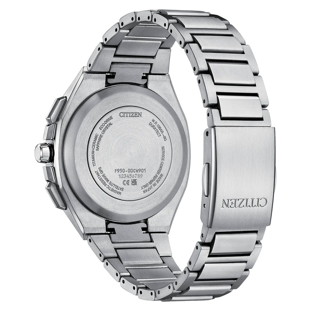 Back view of the CITIZEN Attesa Satellite Time Keeping Super Titanium Limited Edition Eco-Drive 43.2mm watch with a silver metal link band, clasp, and engraved case back displaying the CITIZEN brand and technical details.