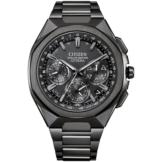 The CITIZEN Attesa Satellite Time Keeping Super Titanium Limited Edition Eco-Drive 43.2mm Watch features a black dial with multiple subdials, date display, silver hour markers, and a modern metal bracelet.
