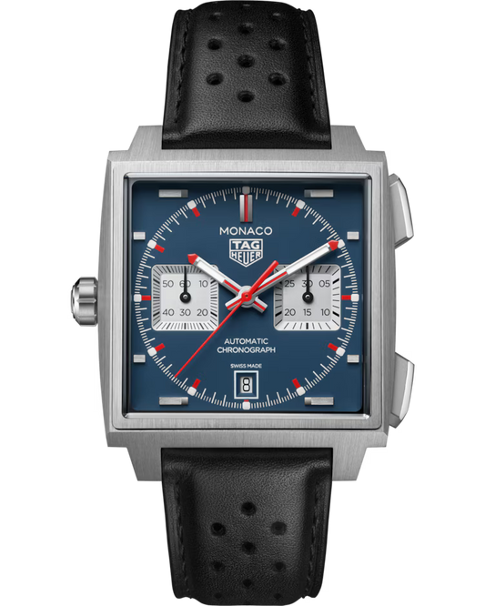 The TAG Heuer Monaco Chronograph Automatic 39mm Watch by TAG Heuer features a square blue dial with two silver subdials, red hands, a date display at 6 o’clock, and a black perforated leather strap.