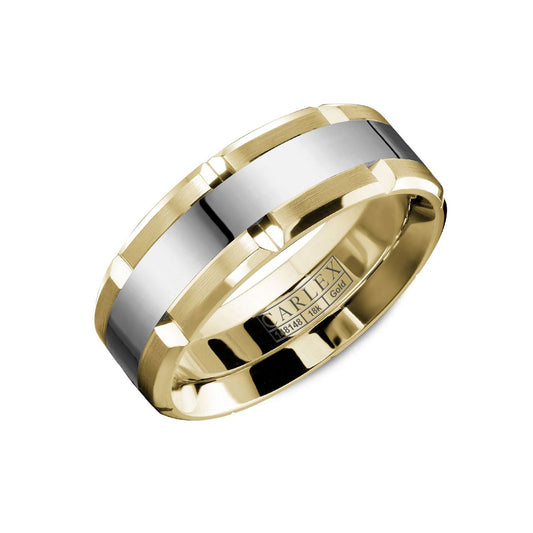The Crown Ring Carlex High Polish Finish Wedding Band features a breathtaking two-toned design crafted from 18K white and yellow gold. Its polished surfaces paired with a geometric pattern provide a sophisticated, modern aesthetic, further enhanced by beveled edges. It's an ideal choice for the contemporary man who values elegance in every element.