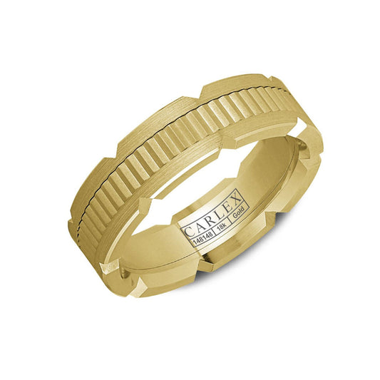 The Crown Ring Carlex Frosted Center 18K Yellow Gold Wedding Band by Crown Ring showcases a frosted center and a textured, ribbed design along its edges. With "18K Gold" engraved inside, this exquisite 18K yellow gold band is a stunning choice for any occasion.