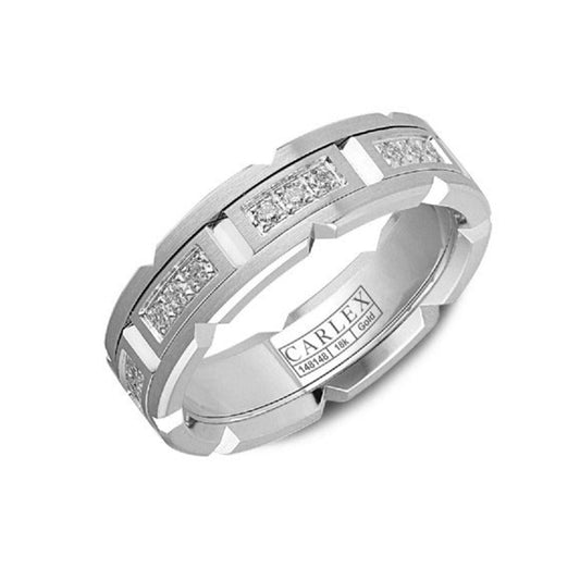 A men's diamond wedding band by Crown Ring, this geometric design boasts five rectangular sections adorned with small round brilliant diamonds. Crafted in 18K white gold with a sandpaper finish, it seamlessly blends elegance and modern architectural style. The "Carlex" name and specifications are detailed inside.