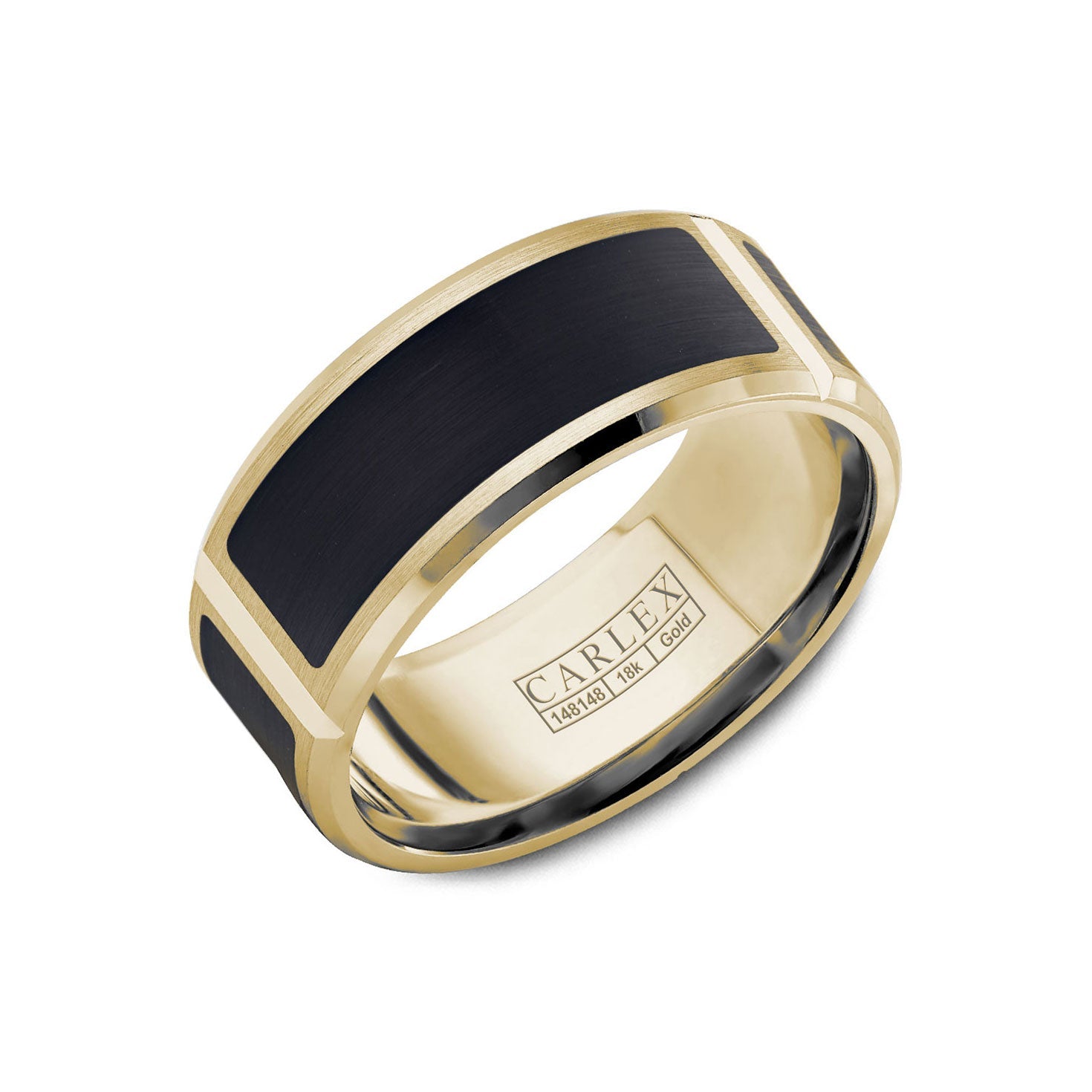 The Crown Ring Carlex Forged Carbon Fiber and 18K Yellow Gold Men's Wedding Band radiates elegance and sophistication with its striking design. Its comfortable-fit interior ensures it can be worn with ease for years to come. Inside the ring, you'll find the "Crown Ring" brand mark along with material details, making it an ideal symbol of commitment and style.