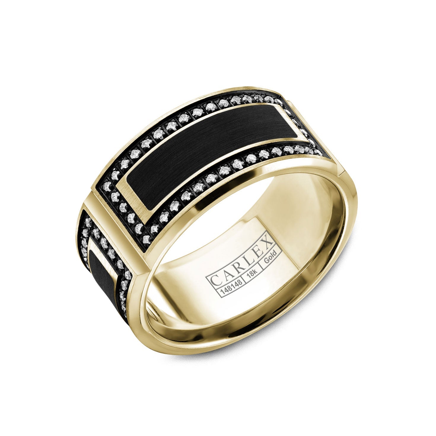 The Crown Ring Carlex men's wedding band showcases a modern geometric design crafted from 18K yellow gold, accented with forged carbon fiber. A wide black stripe is elegantly bordered by small round brilliant black diamonds, capturing the essence of durable sophistication and contemporary elegance.