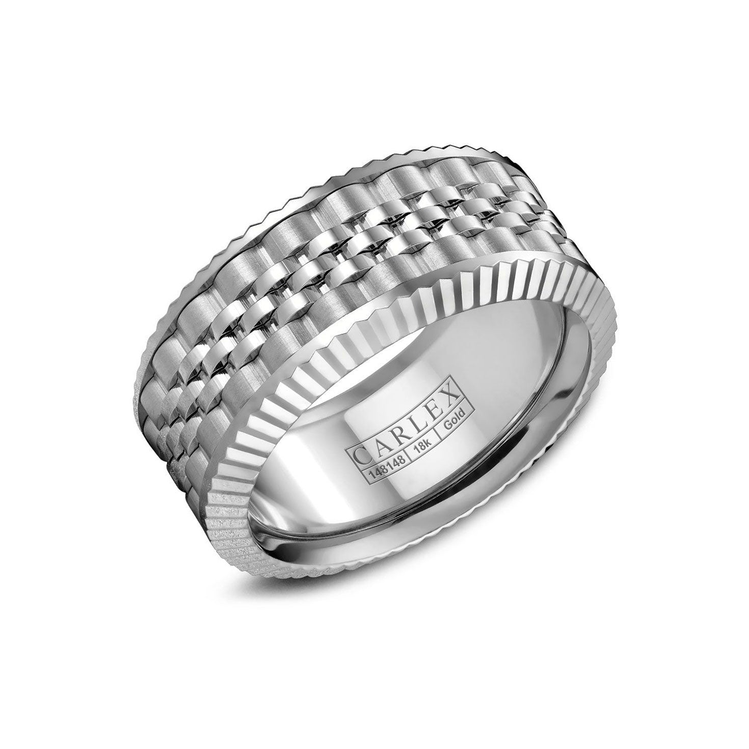 The Crown Ring Carlex High Polish Center 18K White Gold Wedding Band is a silver men's ring showcasing a textured, woven pattern around the band, bearing the esteemed brand Crown Ring. Crafted from 18K white gold and featuring ridged edges that enhance its sophisticated design, this stunning piece stands out against a white background. Perfect as a wedding band.