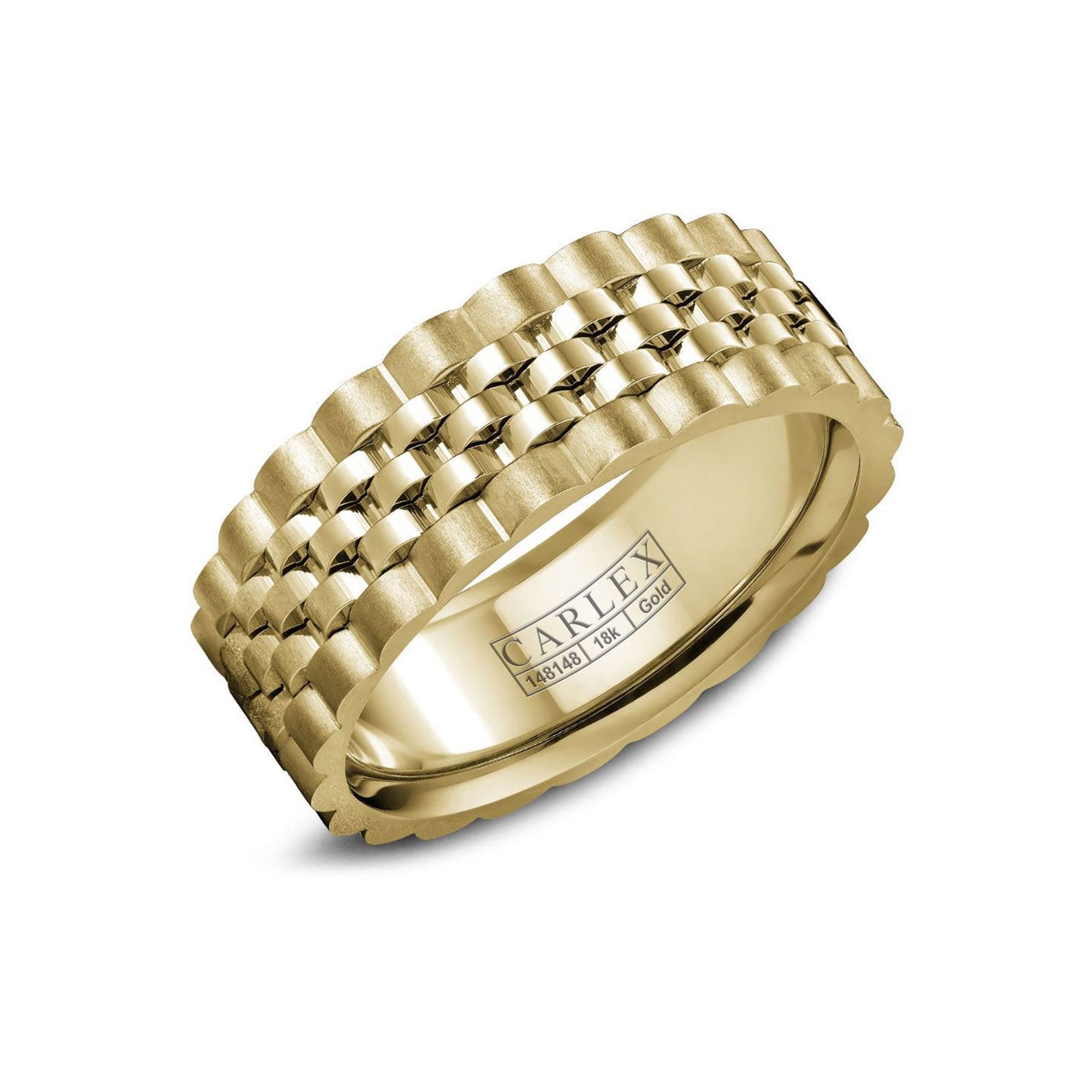 This elegant Crown Ring Carlex high polish center wedding band is crafted from 18K yellow gold and showcases a textured, interlocking pattern. The inner band features the engraving "CARLEX," while its reflective finish highlights the luxurious design characteristic of a Crown Ring.