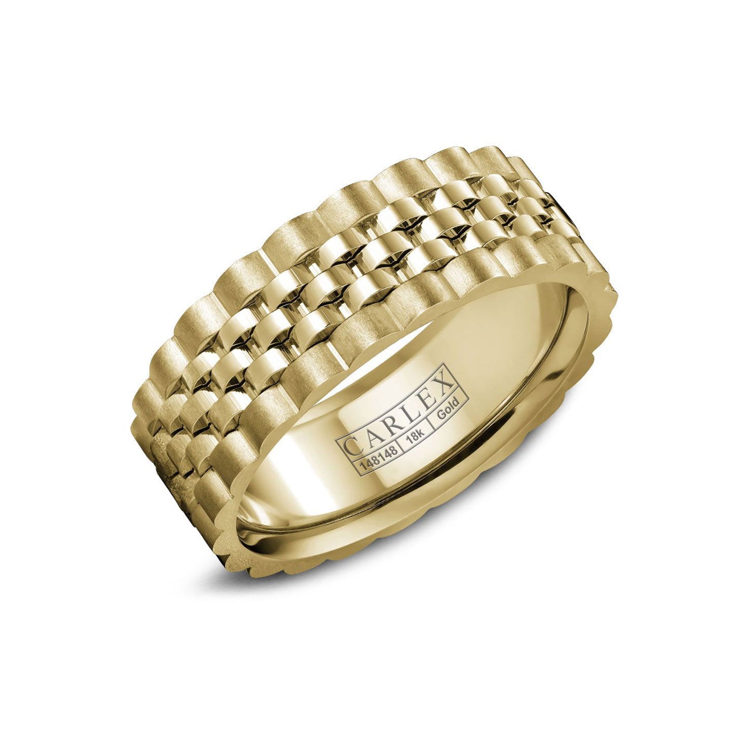 This elegant Crown Ring Carlex high polish center wedding band is crafted from 18K yellow gold and showcases a textured, interlocking pattern. The inner band features the engraving "CARLEX," while its reflective finish highlights the luxurious design characteristic of a Crown Ring.