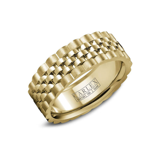 This elegant Crown Ring Carlex high polish center wedding band is crafted from 18K yellow gold and showcases a textured, interlocking pattern. The inner band features the engraving "CARLEX," while its reflective finish highlights the luxurious design characteristic of a Crown Ring.