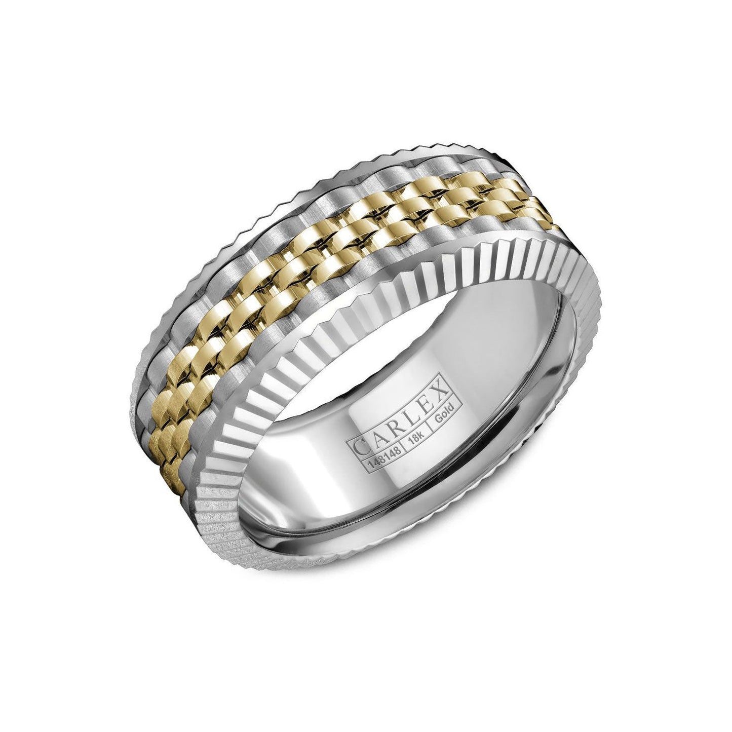 Exquisitely crafted, the Crown Ring Carlex High Polish Frosted Finish 18K Yellow & White Gold Wedding Band features a central woven 18K yellow gold pattern bordered by elegantly textured white gold edges. This sophisticated design is complemented by a polished interior, capturing the essence of timeless love in every detail.