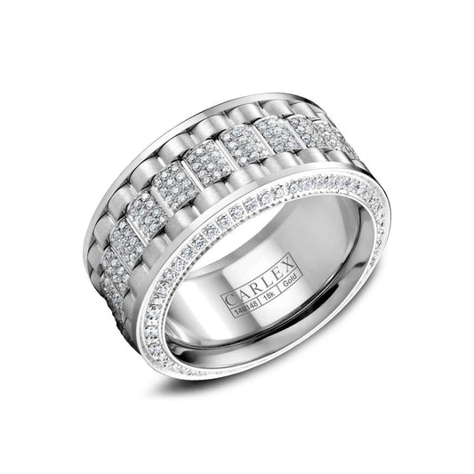 The Crown Ring Carlex High Polish Finish 18K White Gold Diamond Wedding Band is a captivating piece featuring three diamond-adorned rows. The two outer rows are paved with diamonds, while the center row displays square diamond clusters. Engraved with "Carlex," this wide, bold design exemplifies the elegance and sophistication typical of a classic Crown Ring creation.