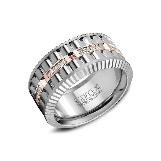 Introducing the exquisite Crown Ring Carlex wedding band, featuring a white and rose gold design with vertical grooves and shimmering diamond accents. Crafted in 18 Karat Gold, this band boasts a high polish sandpaper finish. The inner band is elegantly engraved with "CARLEX," "AB1407," "18K," and "G851.