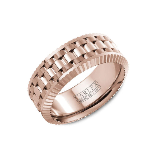 This Crown Ring Carlex High Polish Frosted Finish 18K Rose Gold Wedding Band showcases a textured, woven design with "CARLEX" and metal purity marks etched inside. Its subtle grooved edges enhance the piece's intricate elegance.