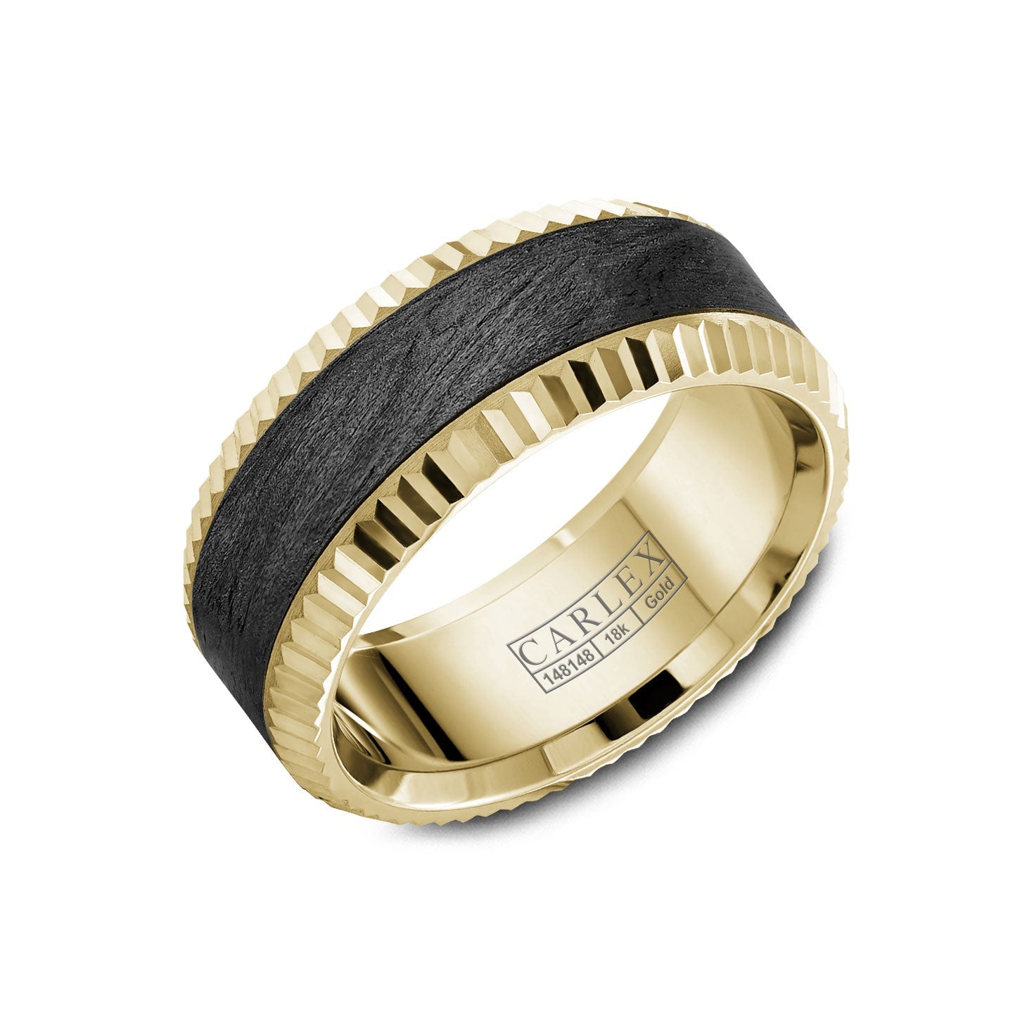 The Crown Ring Carlex Forged Carbon Fiber and 18K Yellow Gold Men's Wedding Band is showcased, featuring a gold and black textured design with a patterned edge. The combination of brushed and polished finishes creates an elegant, modern look reminiscent of Crown Ring's craftsmanship.