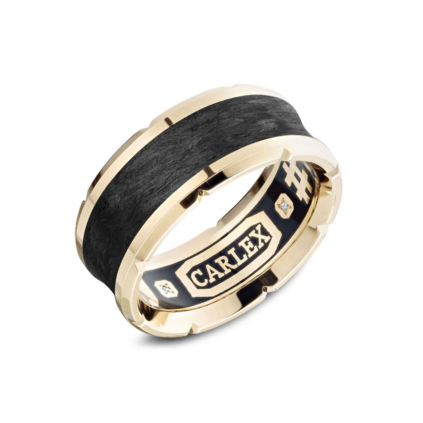 The Crown Ring Carlex Forged Carbon Fibre and 14K Yellow Gold Men's Wedding Band presents a striking contrast with its gold and black design, highlighted by a textured black inlay likely crafted from forged carbon fibre. Inside, "CARLEX" is elegantly engraved in polished gold, showcasing a modern and bold aesthetic that emphasizes the distinct elements.