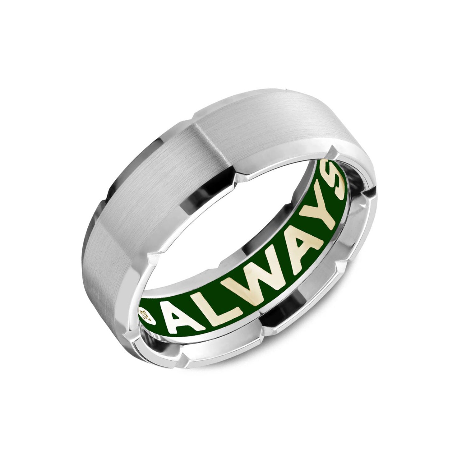 The Crown Ring Carlex High Polish Edge 18K White Gold Wedding Band features a brushed exterior with a sleek green interior, displaying the word "ALWAYS" in bold white letters through its intricate cut-out design. This Crown Ring creation beautifully represents everlasting love by merging elegance and contemporary style.