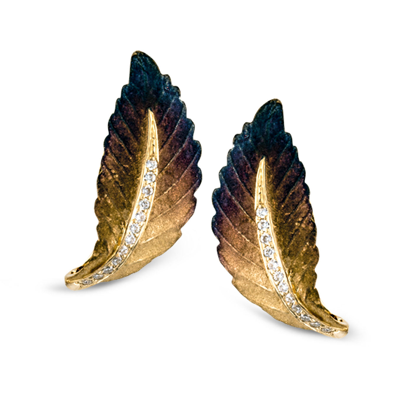 Introducing the Simon G. 18K Rosé Gold Diamond Earrings by Simon G: These exquisite earrings are crafted in a leaf shape with gradient hues transitioning from dark green to gold, and features a refined line of white gemstones elegantly adorning the center.