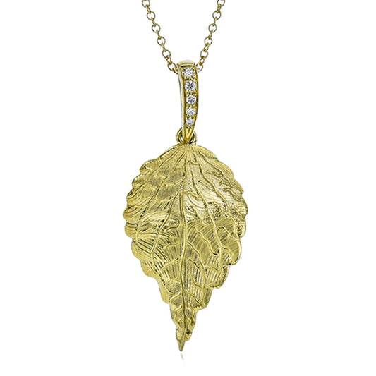 The Simon G. 18K Yellow Gold Diamond Necklace Pendant features a detailed leaf-shaped pendant with sparkling .04 CTW round diamonds in 18K yellow gold, elegantly suspended from a fine chain.