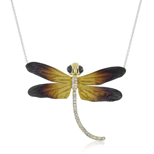 Introducing the Simon G. 18K Yellow Gold Diamond Necklace Pendant: This exquisite piece features a dragonfly pendant with black and brown wings and a body adorned with small, sparkling diamonds. The pendant gracefully hangs on a delicate 18 Karat yellow gold chain, adding an extra touch of elegance to any ensemble. Crafted by renowned brand Simon G, this necklace embodies timeless beauty and sophistication.