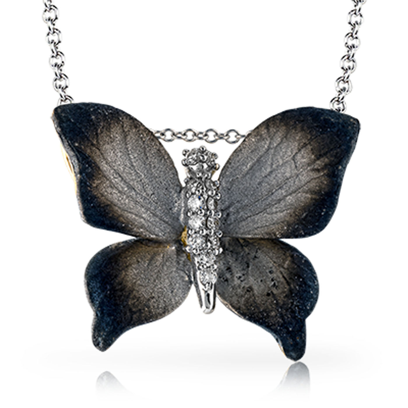 The Simon G. 18K White Gold Diamond Butterfly Necklace Pendant, featuring a captivating design with textured wings and dazzling diamonds in the center, hangs elegantly on a delicate chain against a white backdrop.