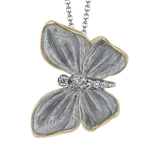 Simon G's White and Yellow Gold Diamond Necklace Pendant features a beautiful butterfly design with a silver texture and gold edges, adorned with small diamonds on the body. This exquisite pendant hangs gracefully from a delicate chain, embodying elegance in every detail.
