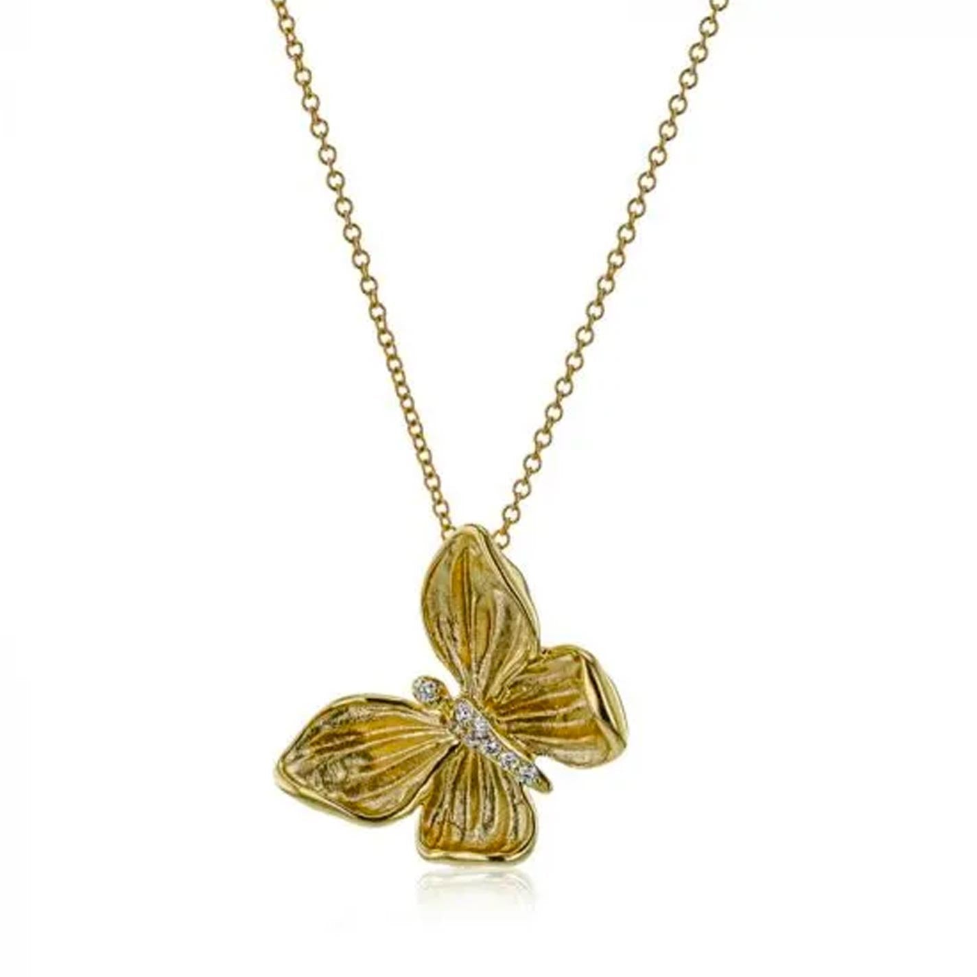 Introducing the Simon G. Butterfly 18K Yellow Gold Diamond Necklace Pendant, featuring a golden butterfly with textured wings and exquisite white diamonds at its center, elegantly suspended on a delicate chain.